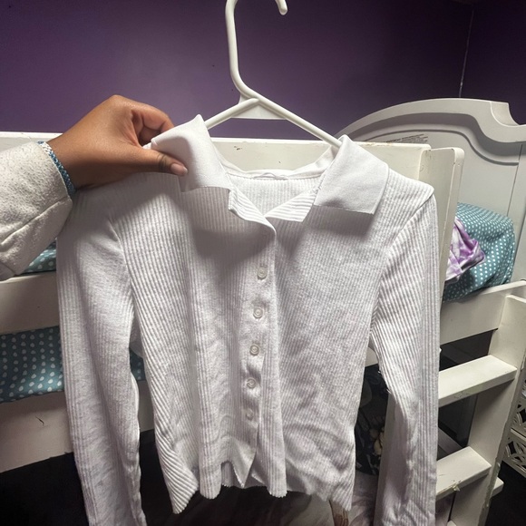White Ribbed Button-Up Collared Sweater - Picture 1 of 1